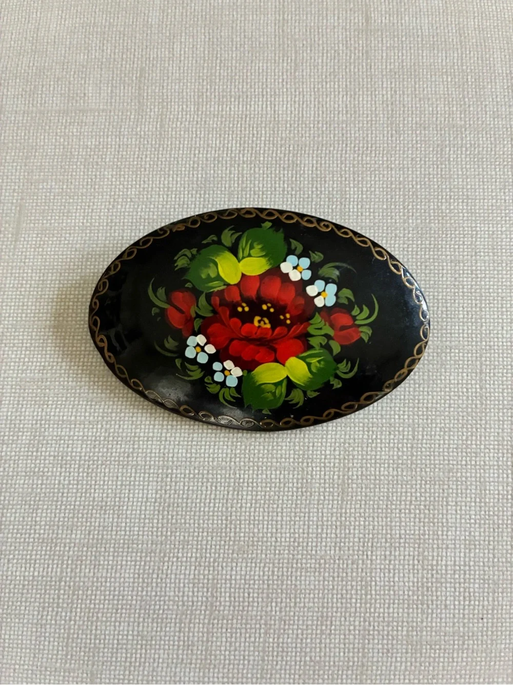Vintage Russian Hand-Painted Floral Oval Brooch - Black with Red & Green